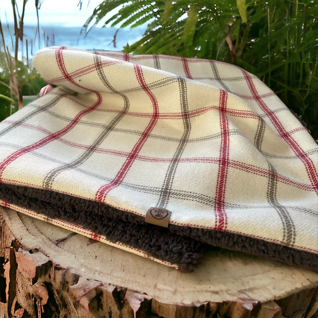 Plaid blanket with brown border on a wooden surface with greenery in the background
