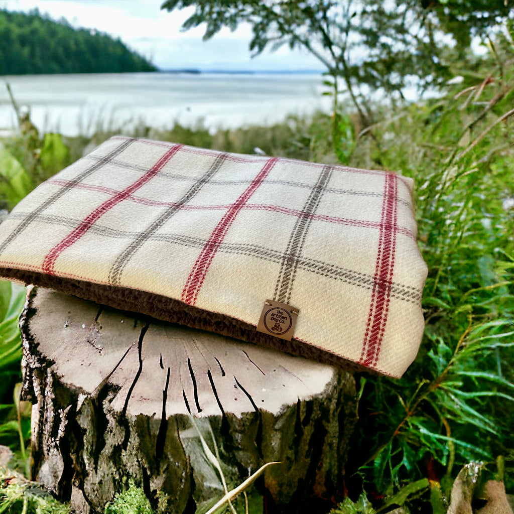 Plaid blanket on a tree stump with a natural background