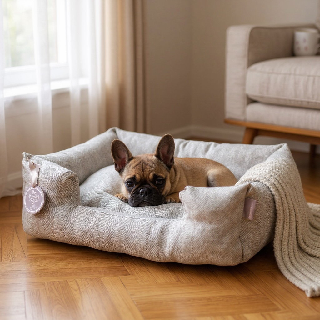 Dog lying on a textured pet bed in a cozy living room.
