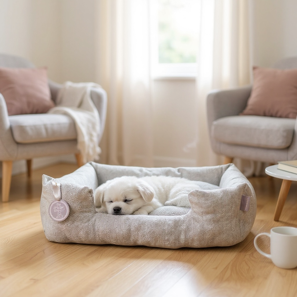 Dog lying on a cushioned pet bed in a cozy living room.