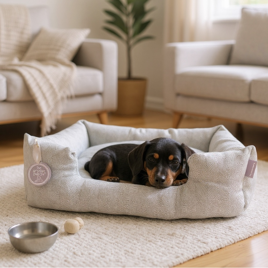 Dog lying on a pet bed in a cozy living room.