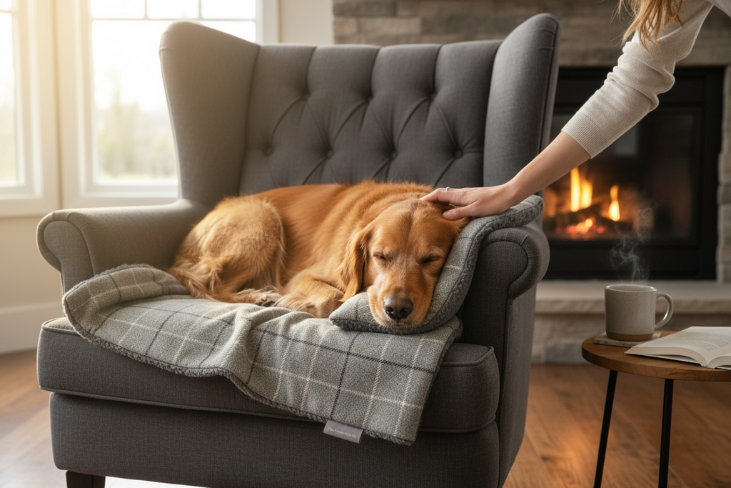 Dog lying on a gray armchair with a person petting it, fireplace in the background