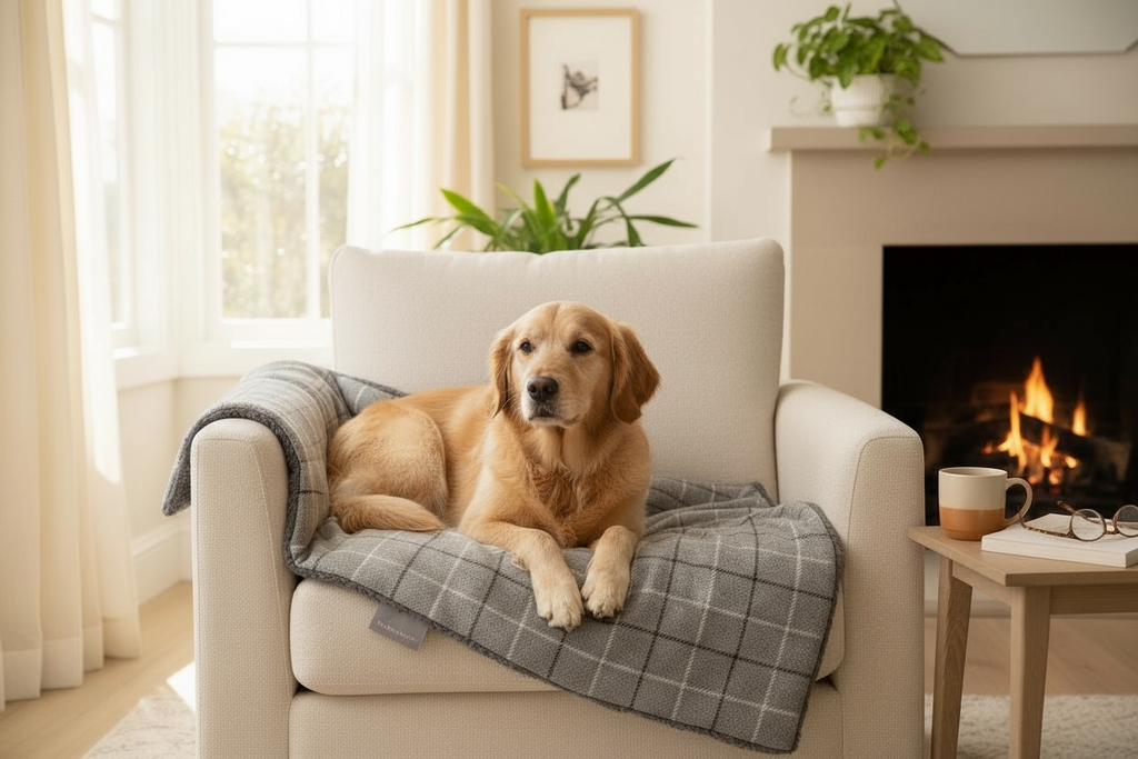 Dog sitting on a cozy armchair in a warm living room with a fireplace.