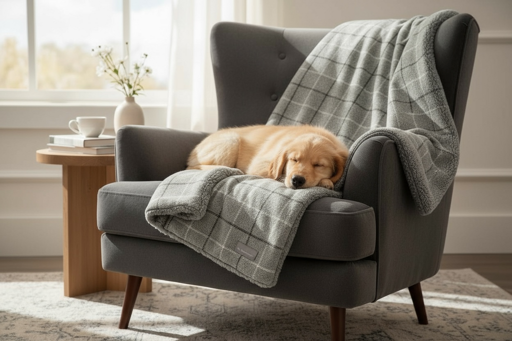 Dog sleeping on a gray armchair with a plaid blanket in a cozy living room.