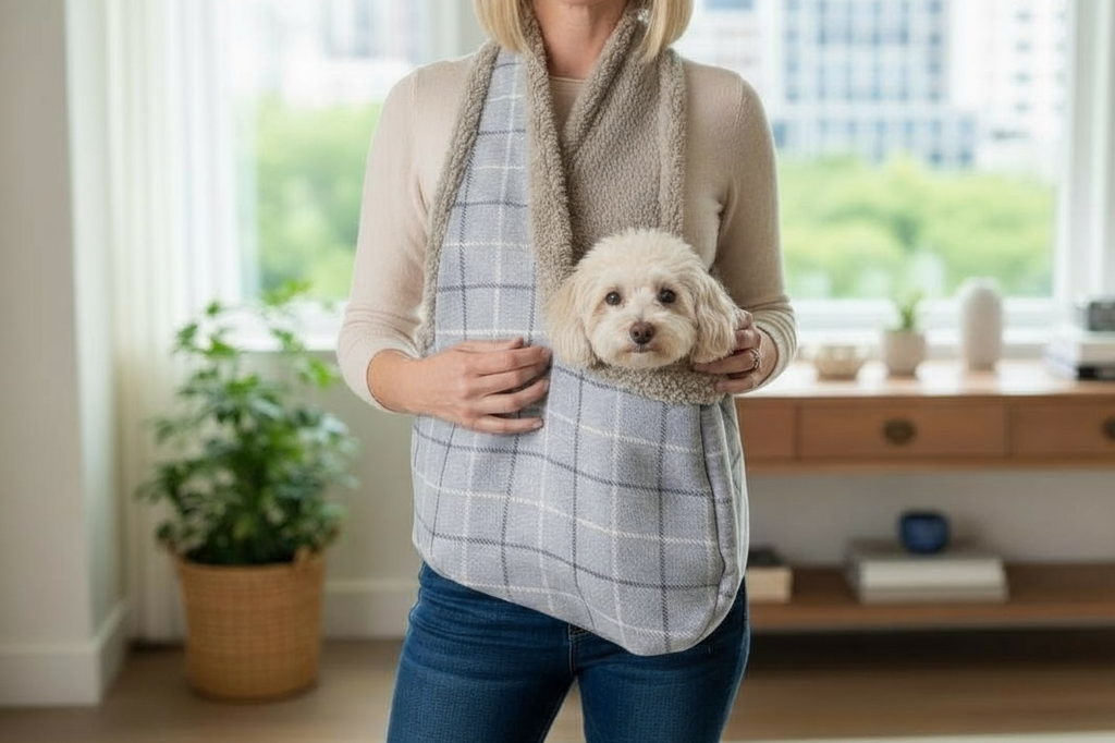 Woman holding a small dog in a plaid pet carrier inside a home.