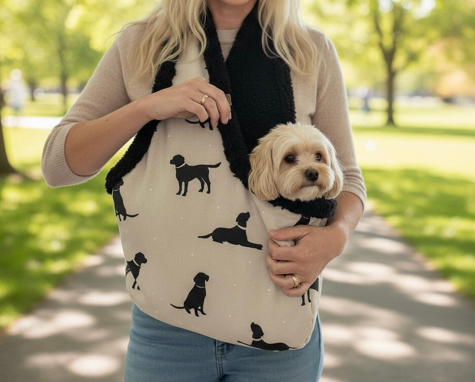 Person holding a dog in a bag with dog illustrations in a park setting