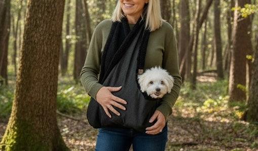 Woman holding a small white dog in a black sling while walking through a forest.