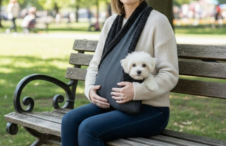 Pregnant person sitting on a park bench holding a small white dog in a sling.