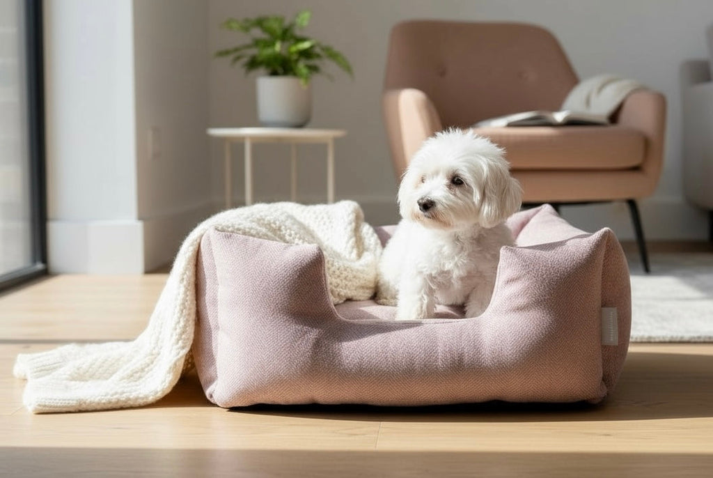 White dog on a pink pet bed in a cozy living room