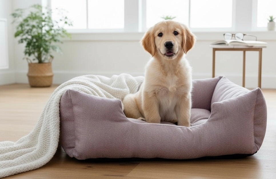 Dog sitting on a pink pet bed in a bright room with a plant and table in the background.