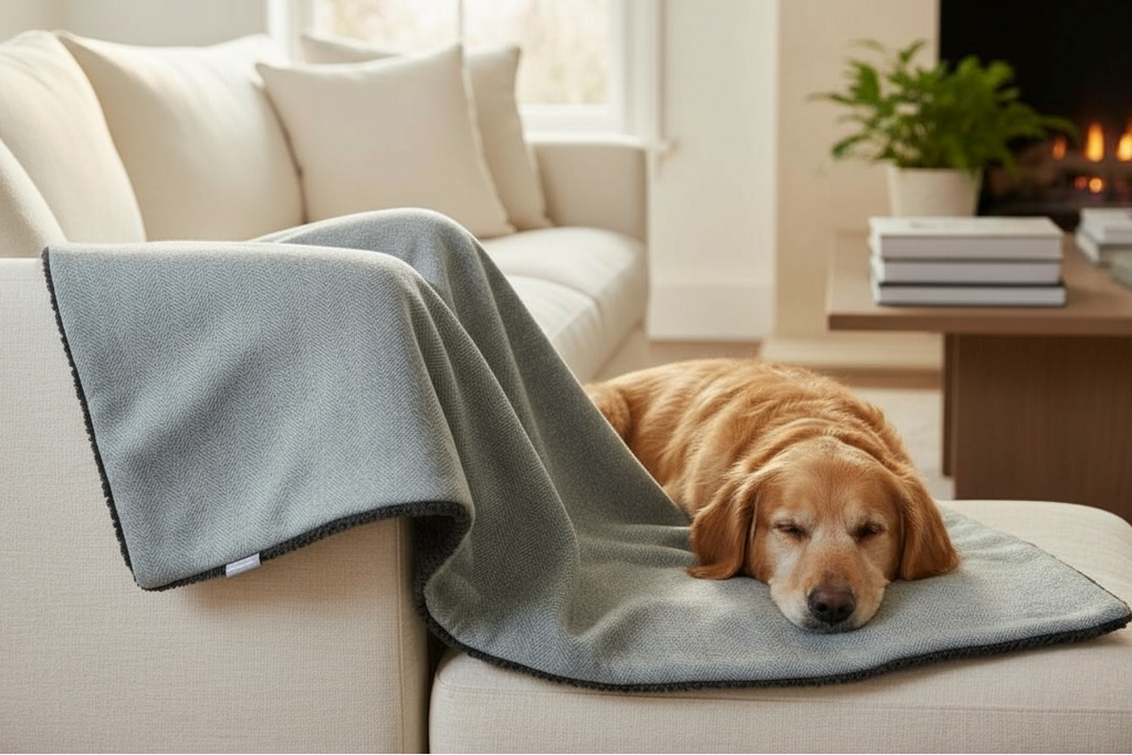 Dog lying on a gray blanket on a couch in a cozy living room.