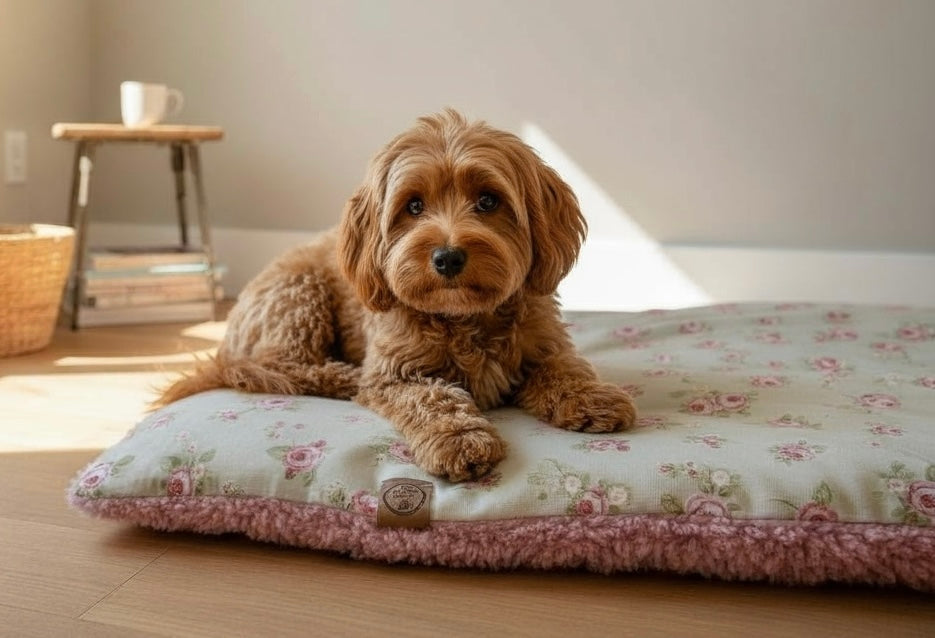 Dog lying on a floral-patterned dog bed in a room with a wooden floor and a small table in the background.