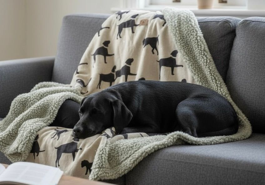 Black dog sleeping on a gray couch with a patterned blanket