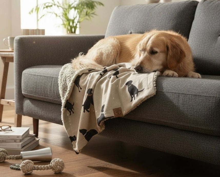 Dog resting on a gray couch with a patterned blanket