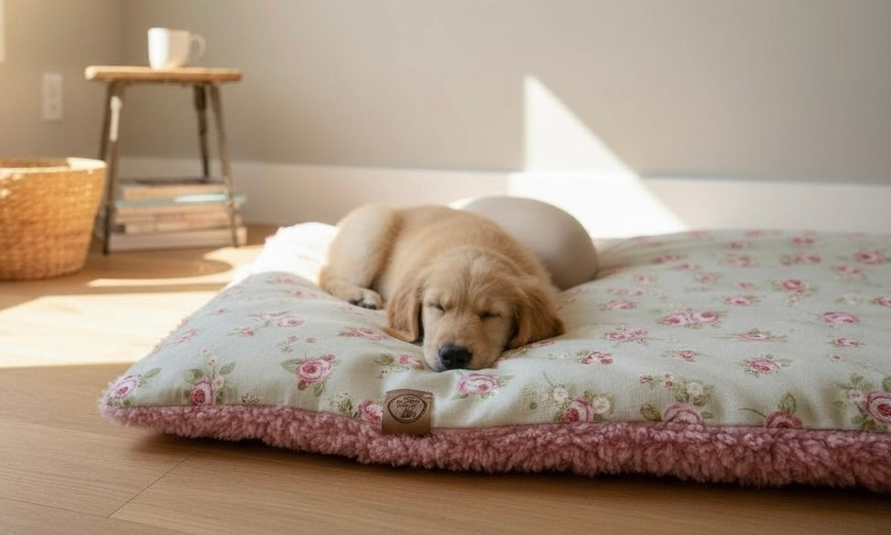 Dog lying on a floral-patterned pet bed in a room with wooden flooring.