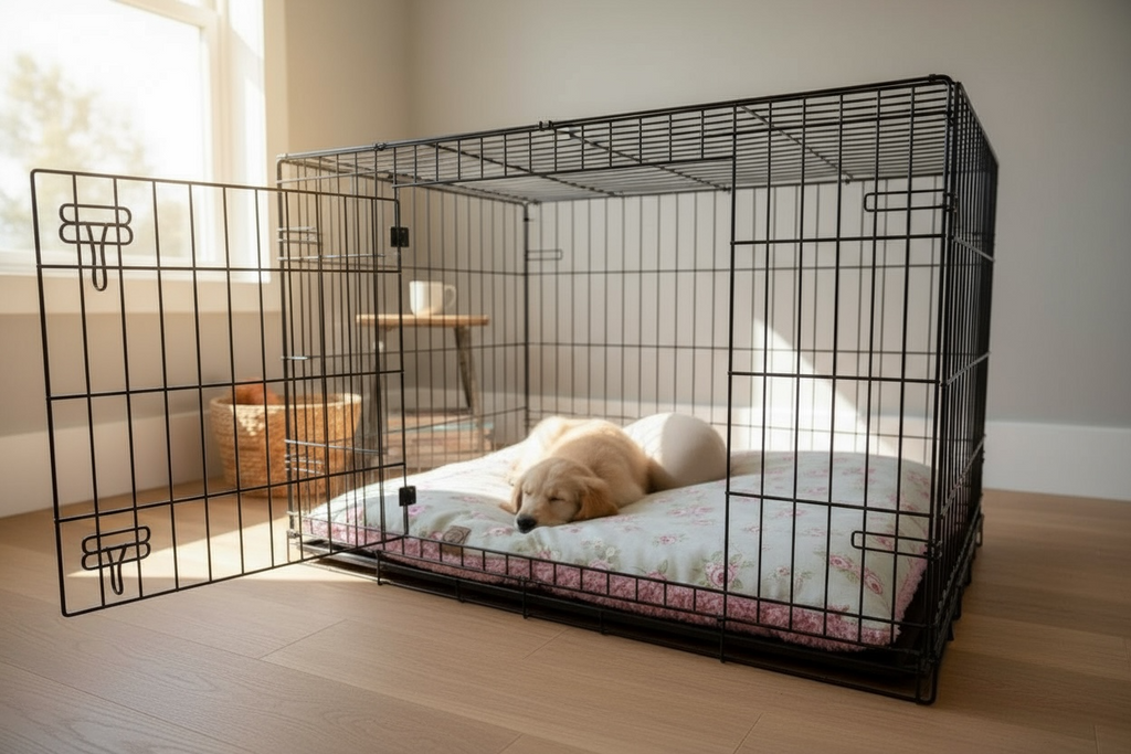 Dog lying inside a black metal dog crate in a room with a light-colored floor and walls.