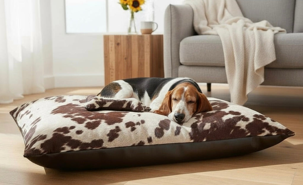 Dog lying on a cow print dog bed in a cozy living room.