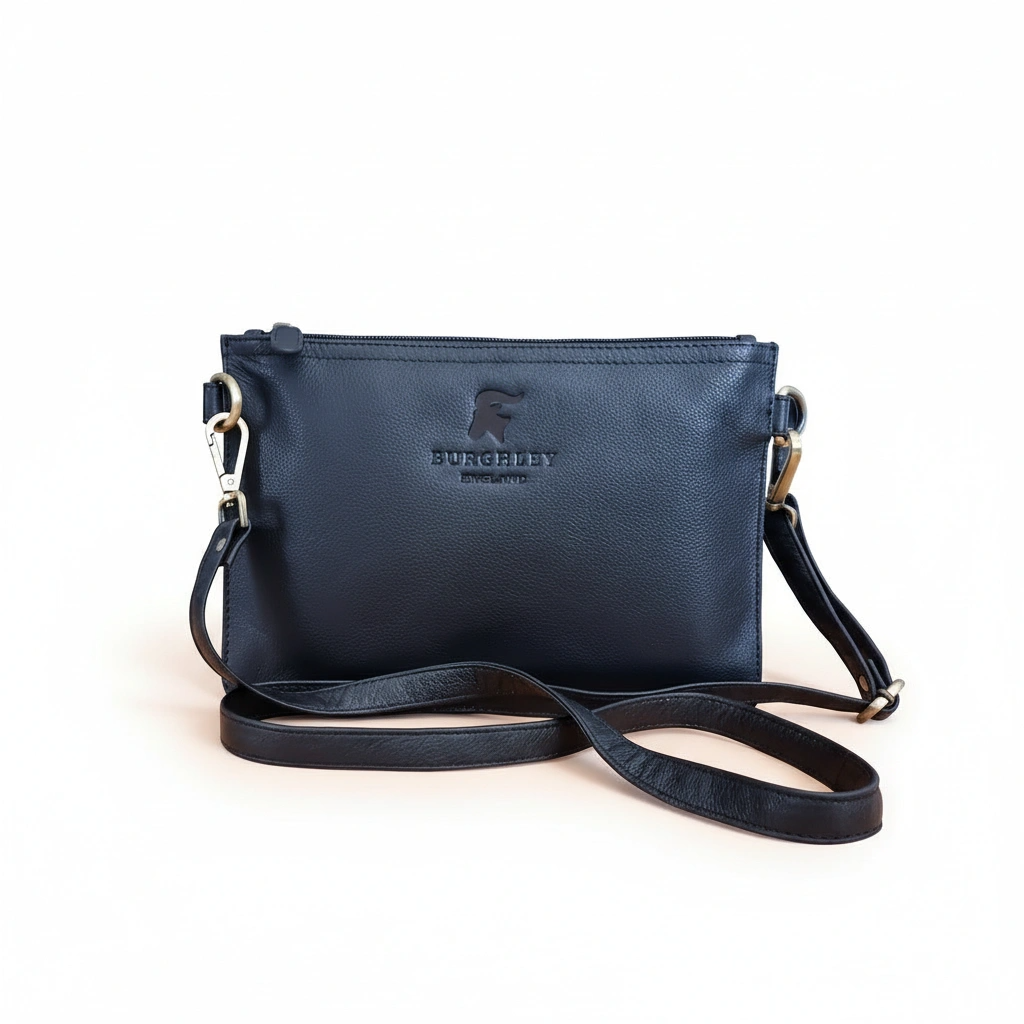 Navy blue handbag with a visible brand logo on a white background