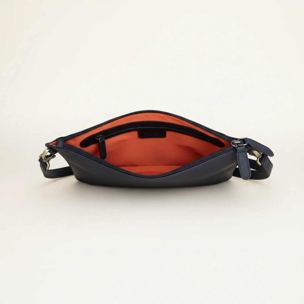 Black crossbody bag with orange interior on a light beige background