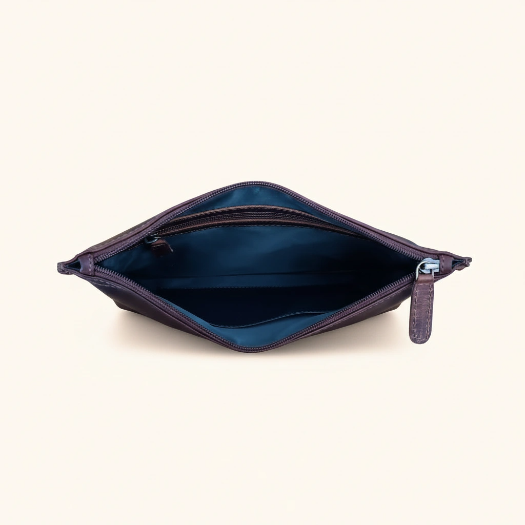 Open purple pouch with blue interior on a light beige background