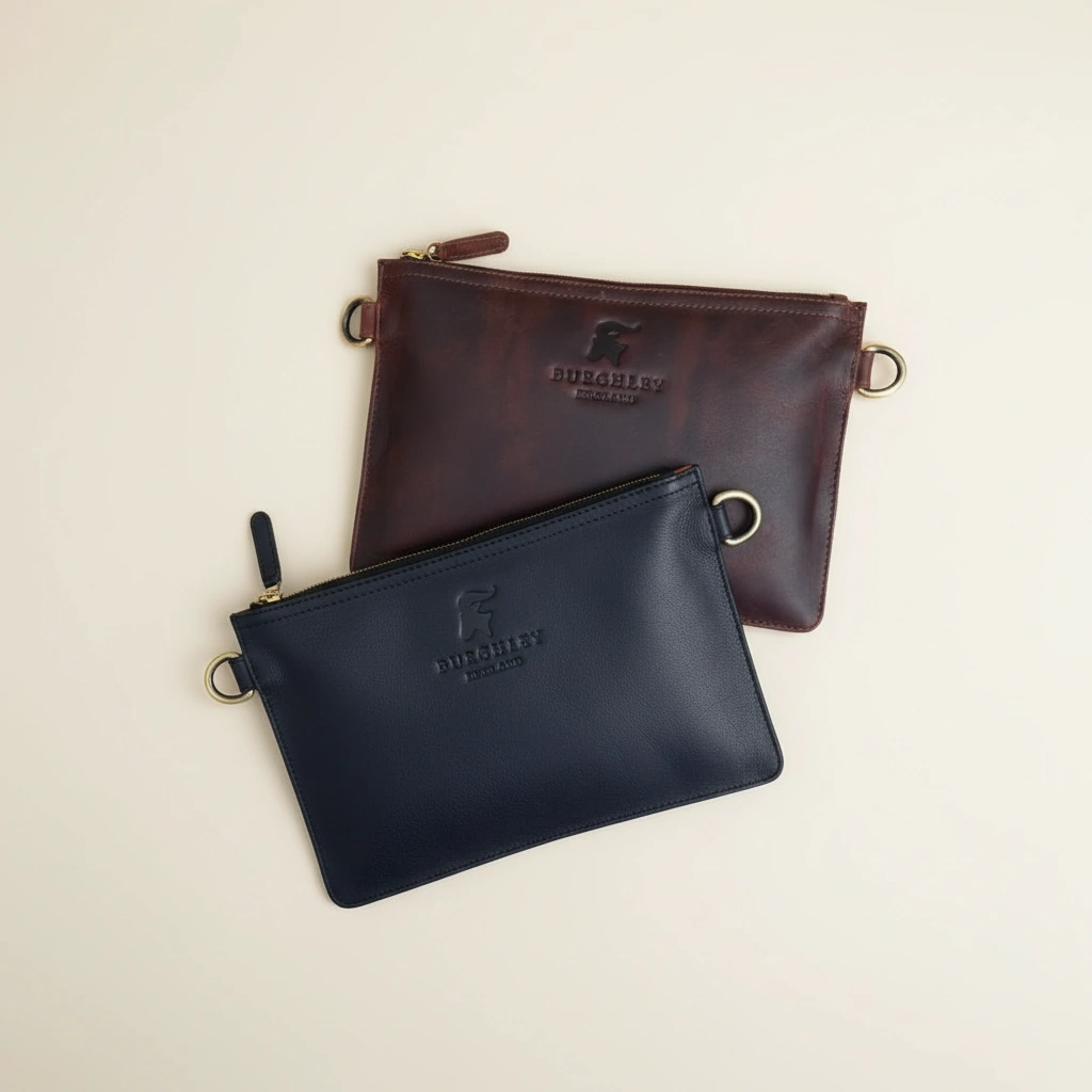 Two leather pouches, one black and one brown, with a brand logo on a light beige background.