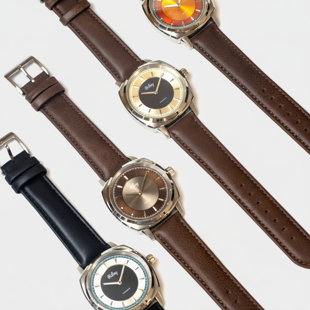 Three watches with brown and black leather straps on a white background