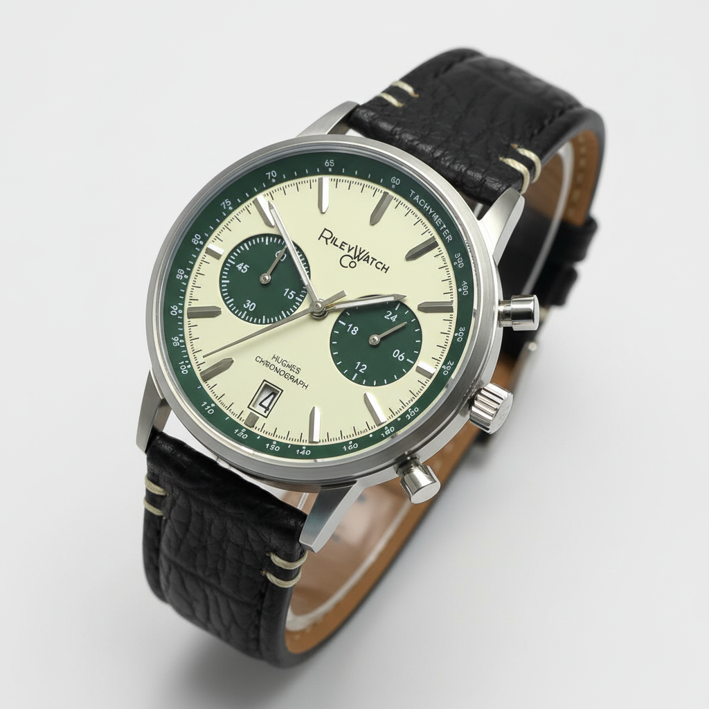 Wristwatch with black leather strap and green dial on a white background