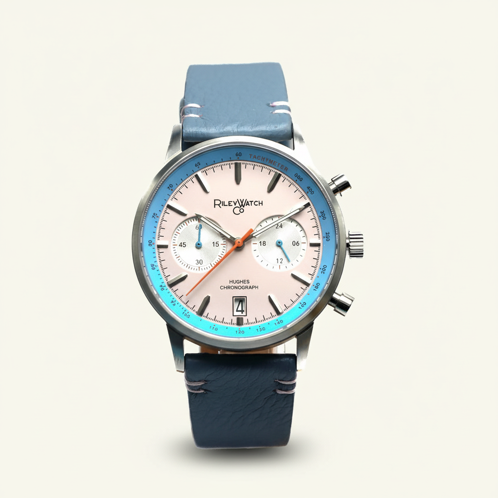 Luxury watch with blue strap and detailed face on a white background