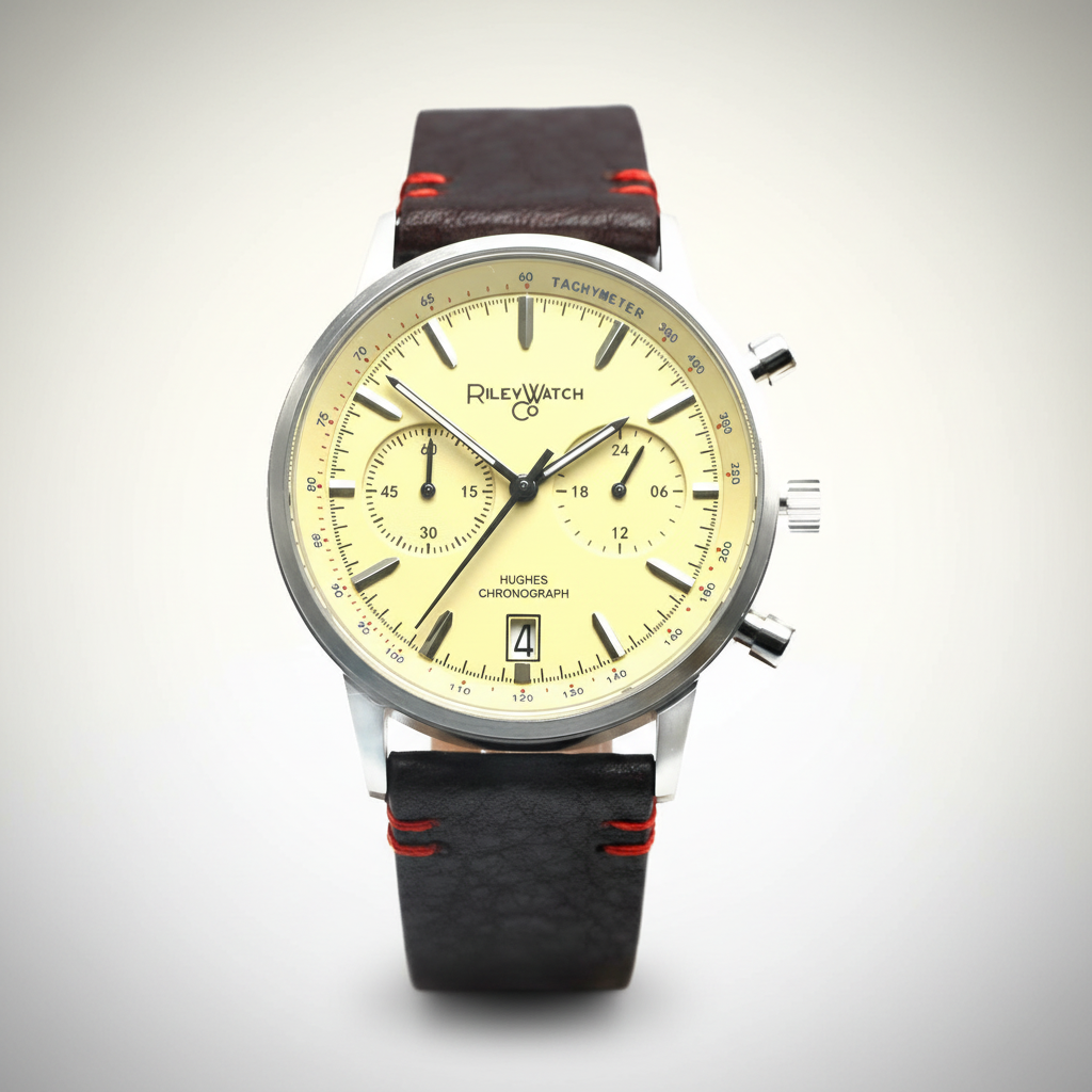 Wristwatch with a yellow dial and black leather strap on a white background