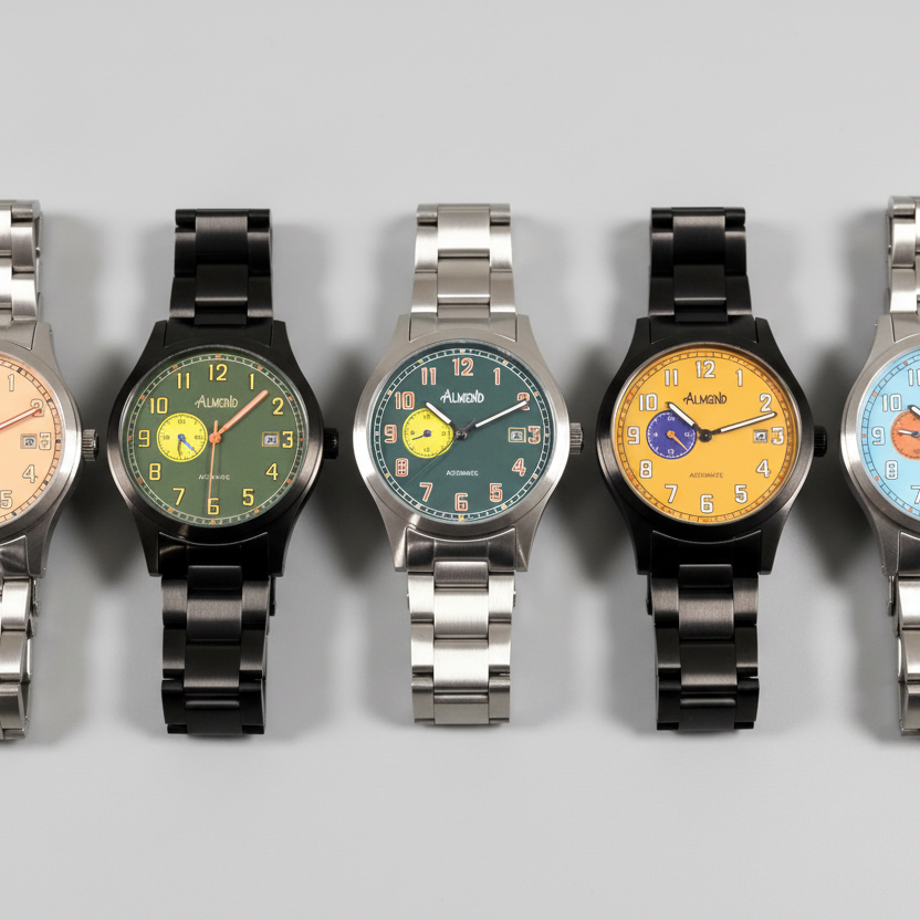 Five watches with different colored faces on a gray background