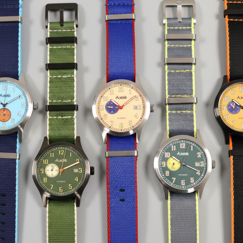 Collection of watches with various colored straps on a green background
