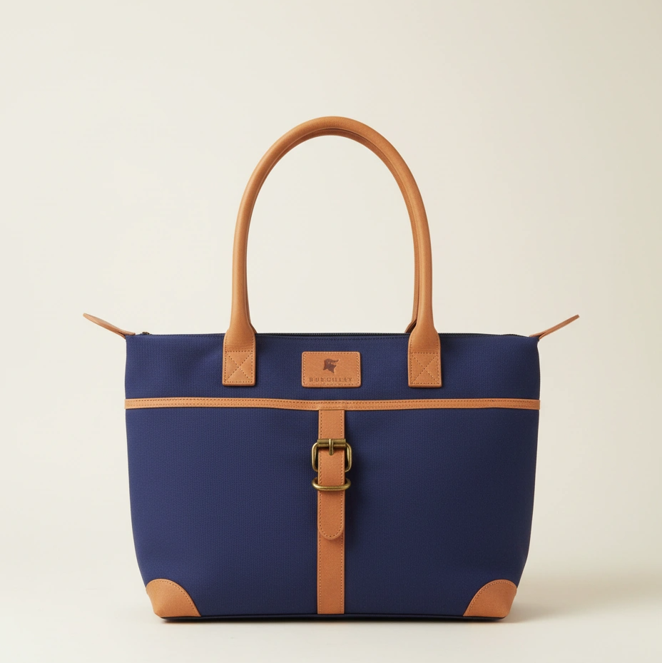 Blue tote bag with brown handles and accents on a light beige background