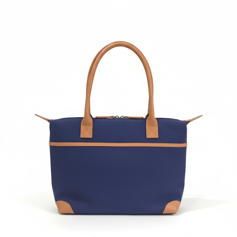 Navy blue handbag with brown handles and trim on a white background