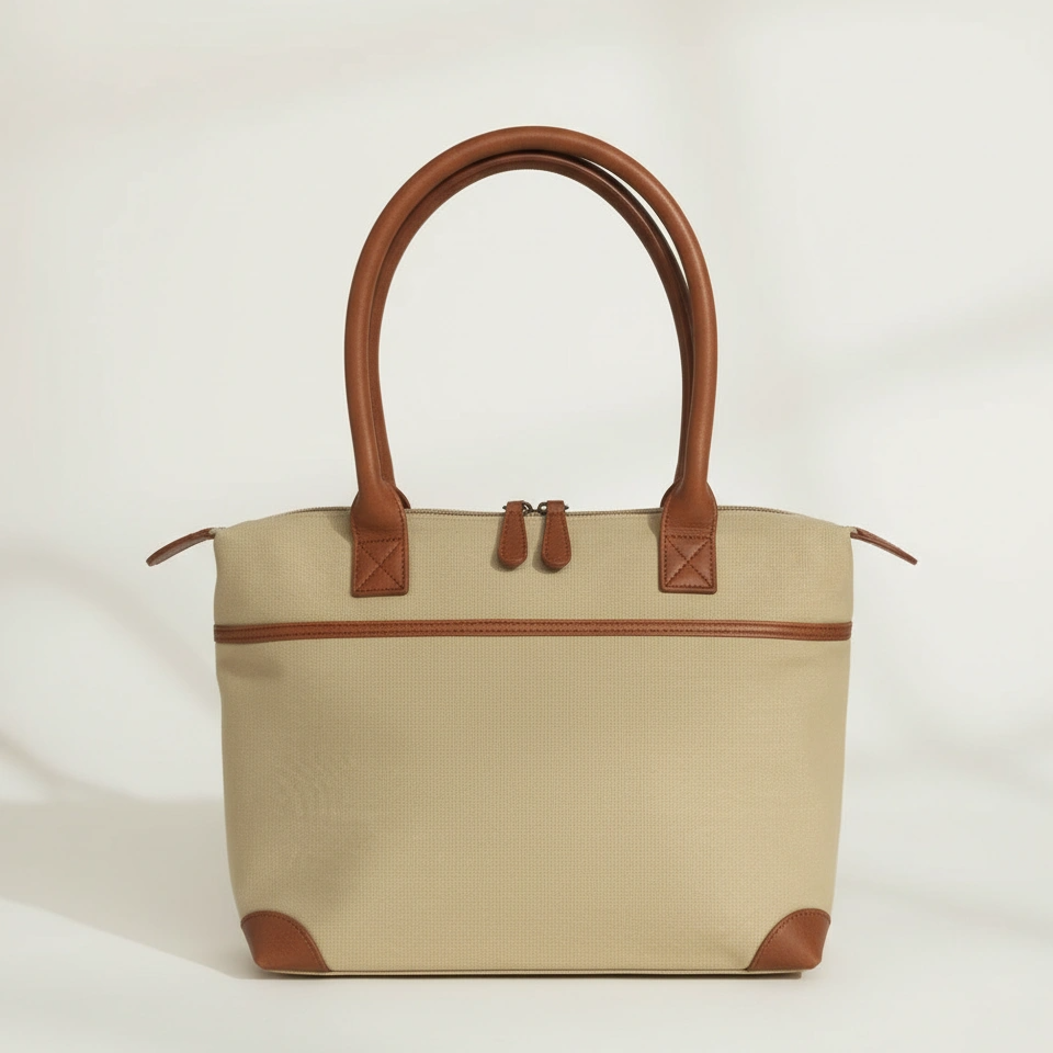 Beige handbag with brown handles and trim on a light beige background