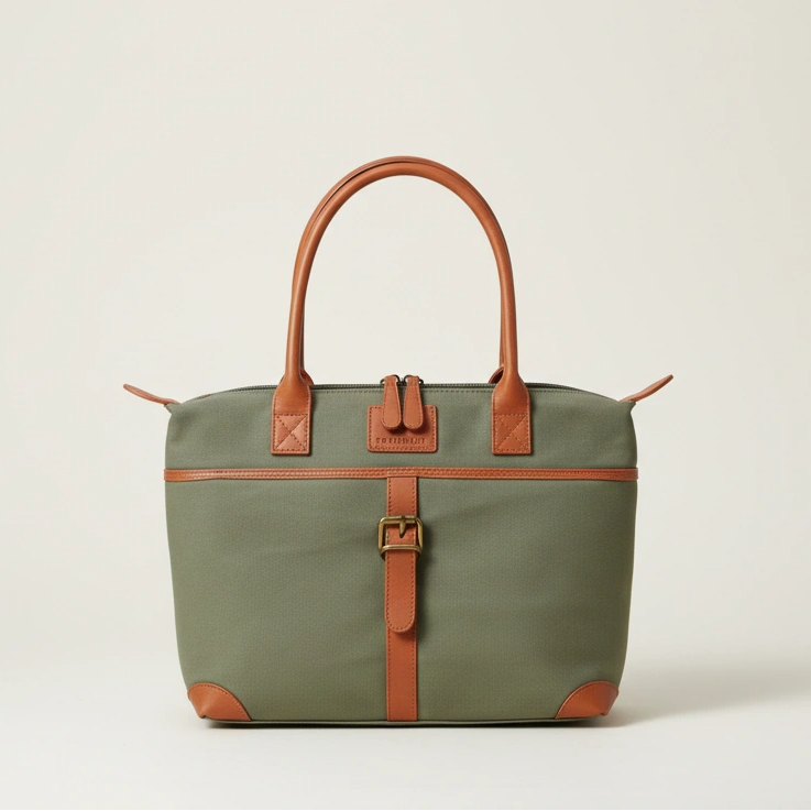 Green travel bag with brown handles and straps on a light beige background