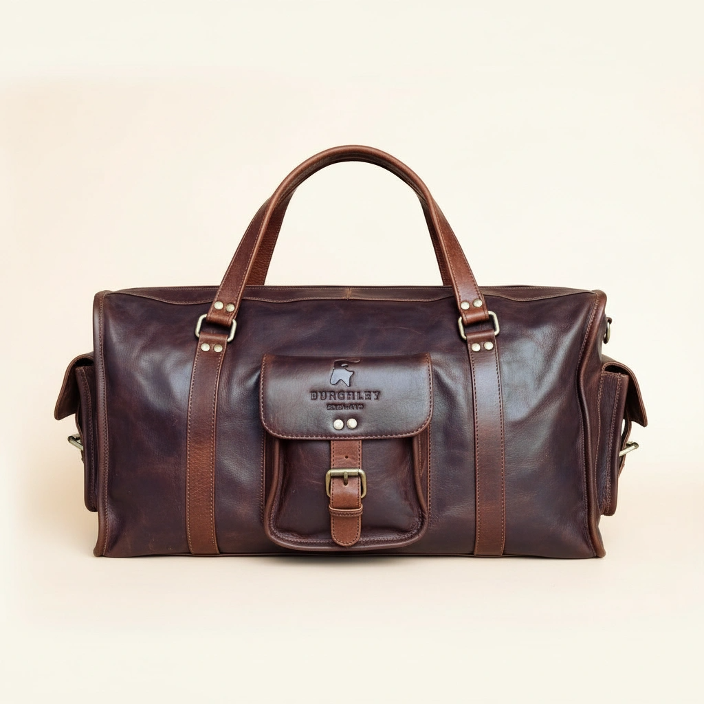 Brown leather duffel bag on a beige background