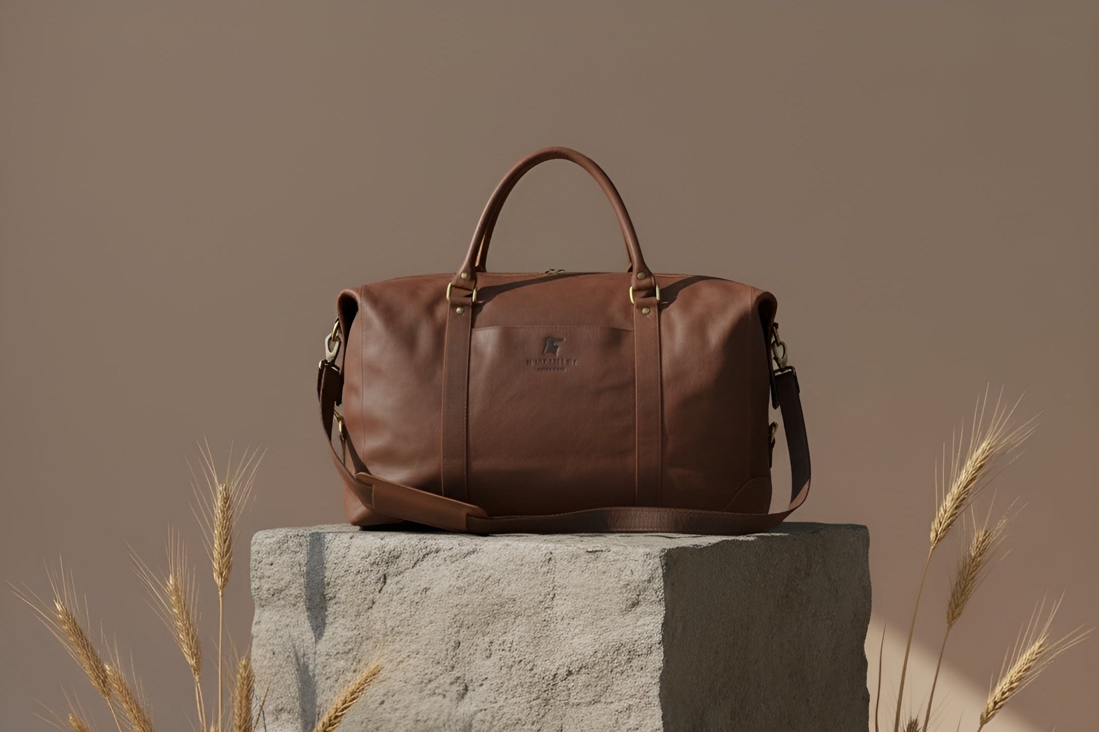 Brown leather bag on a stone pedestal with wheat plants against a beige background