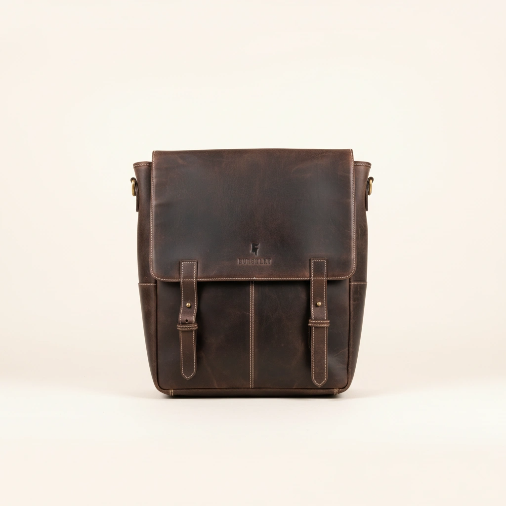 Brown leather bag on a beige background