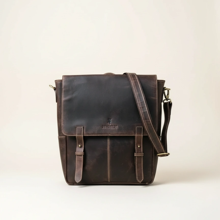 Brown leather bag with a strap on a beige background