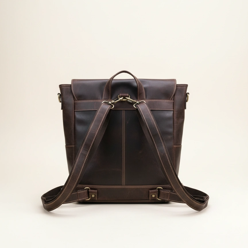 Brown leather backpack on a beige background