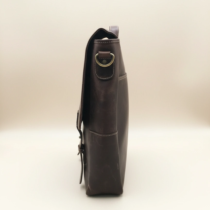 Brown leather shoulder bag on a beige background