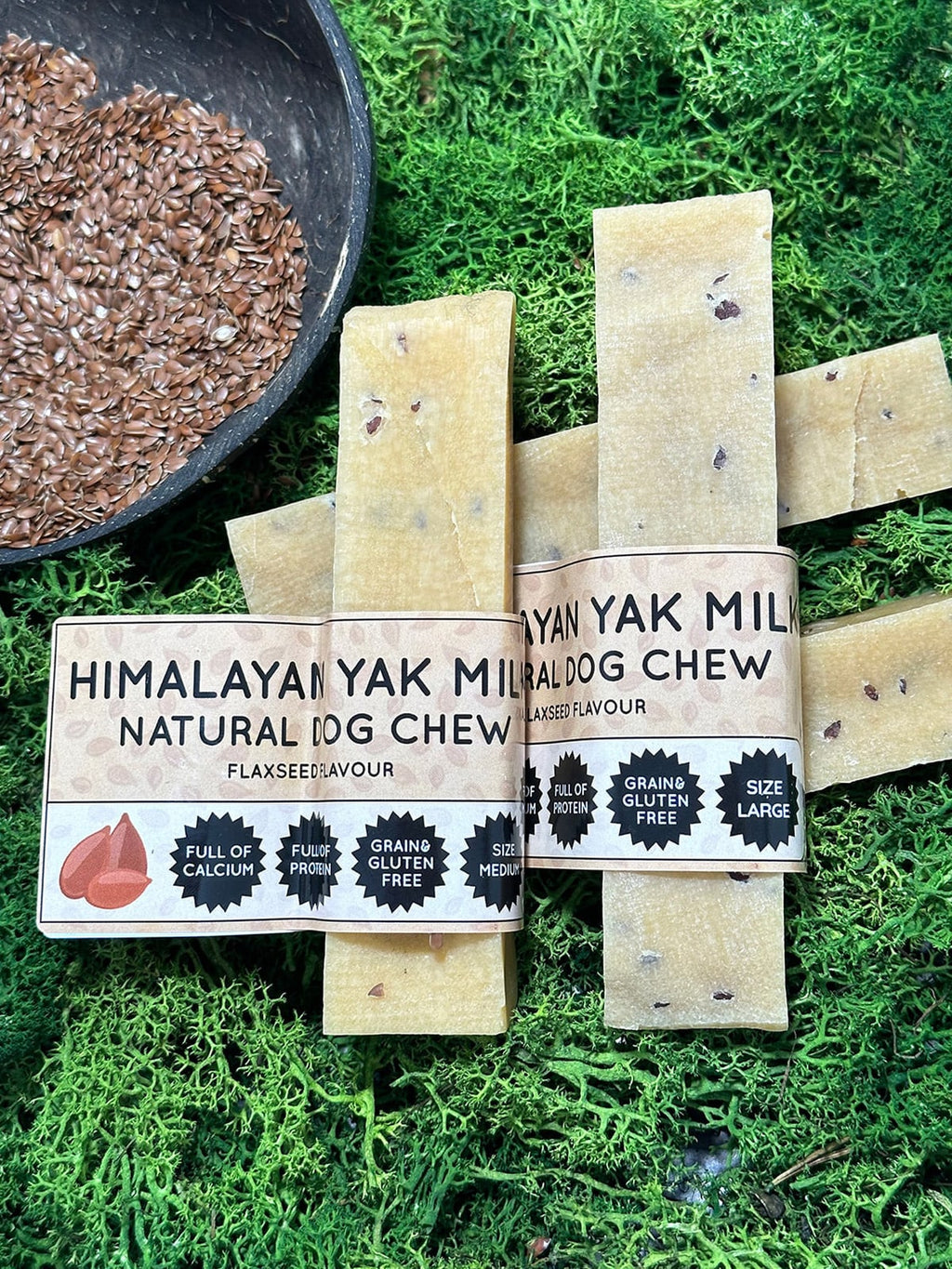 Himalayan Yak Milk Natural Dog Chew packaging on a green moss background
