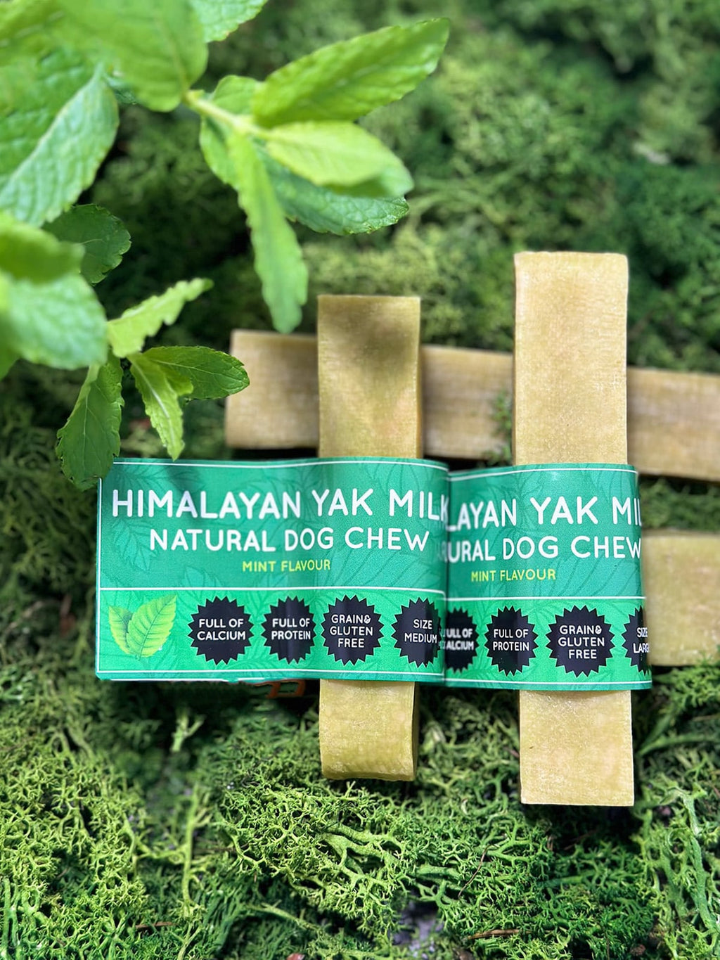 Himalayan Yak Milk natural dog chew packaging on a green leafy background