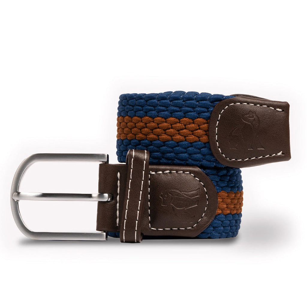Woven belt with brown and blue pattern on a white background