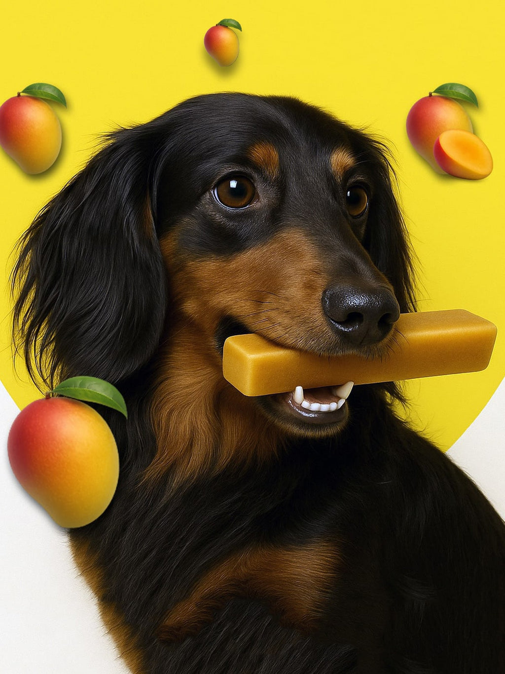 Dog holding a yellow chew toy with mangoes around on a yellow background