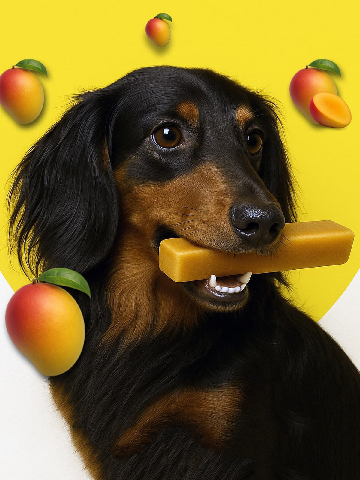 Dog holding a yellow chew toy with mangoes around on a yellow background
