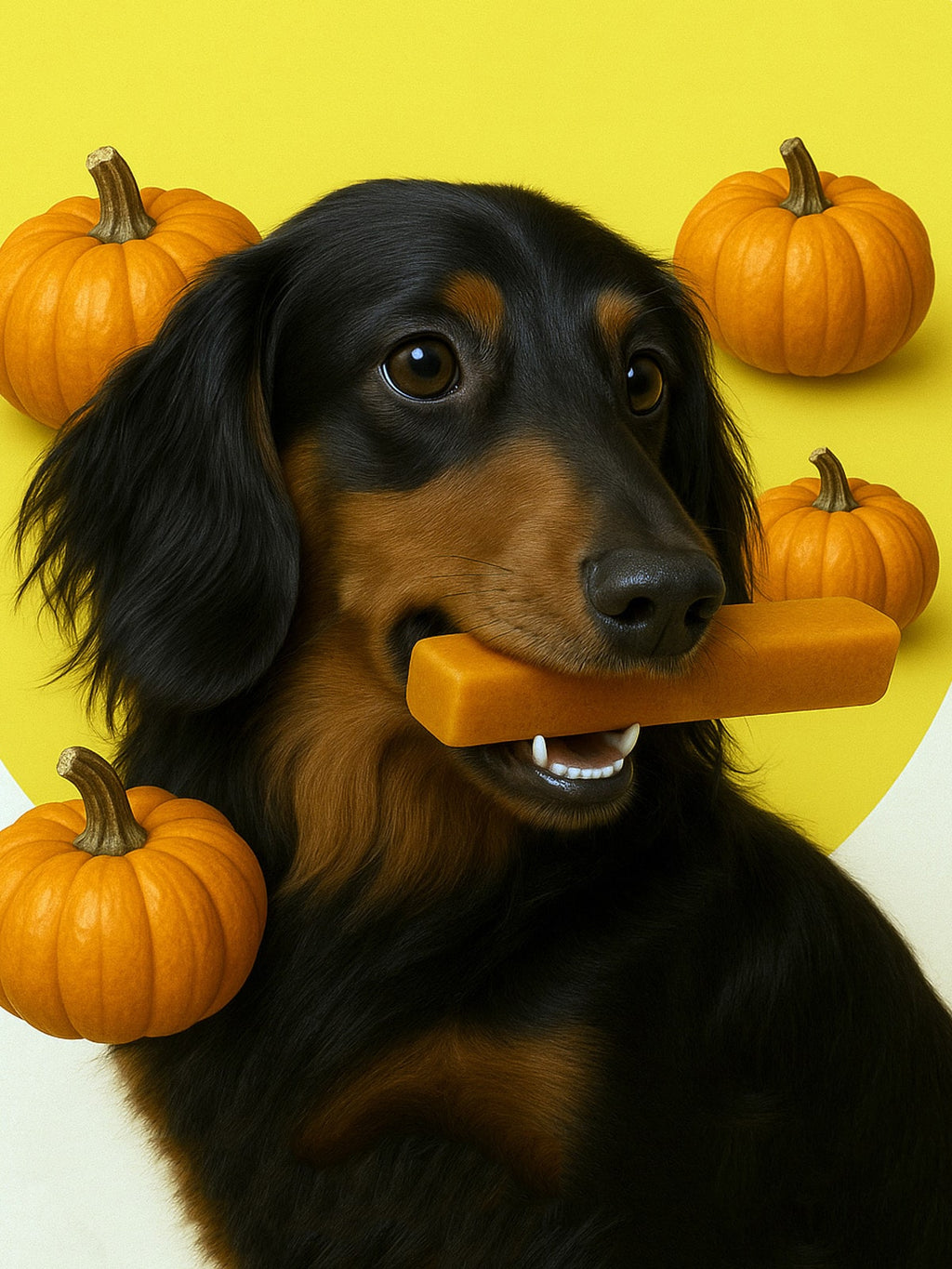 Dog holding a pumpkin slice with pumpkins in the background on a yellow and white gradient background