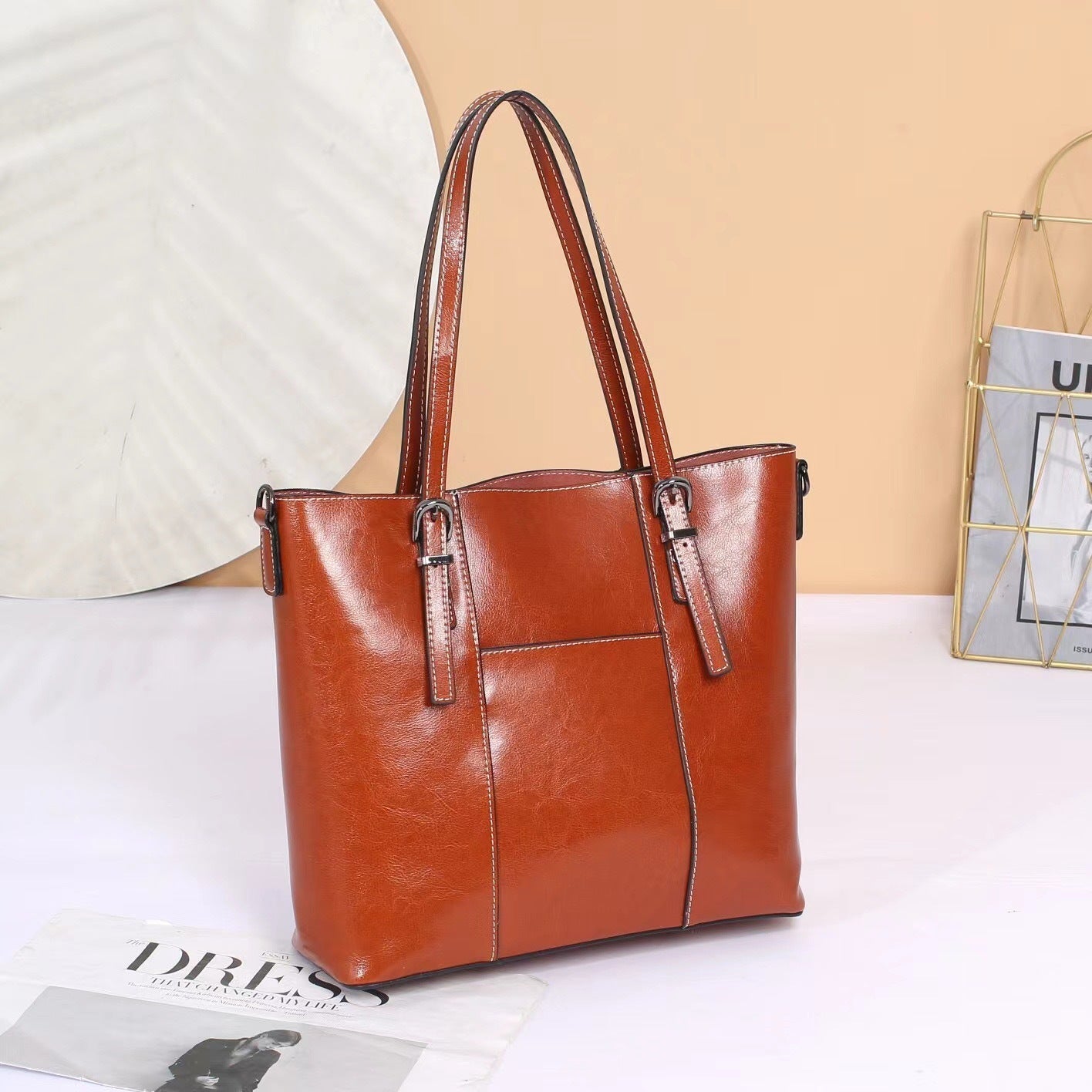 Leather Messenger Tote Bag