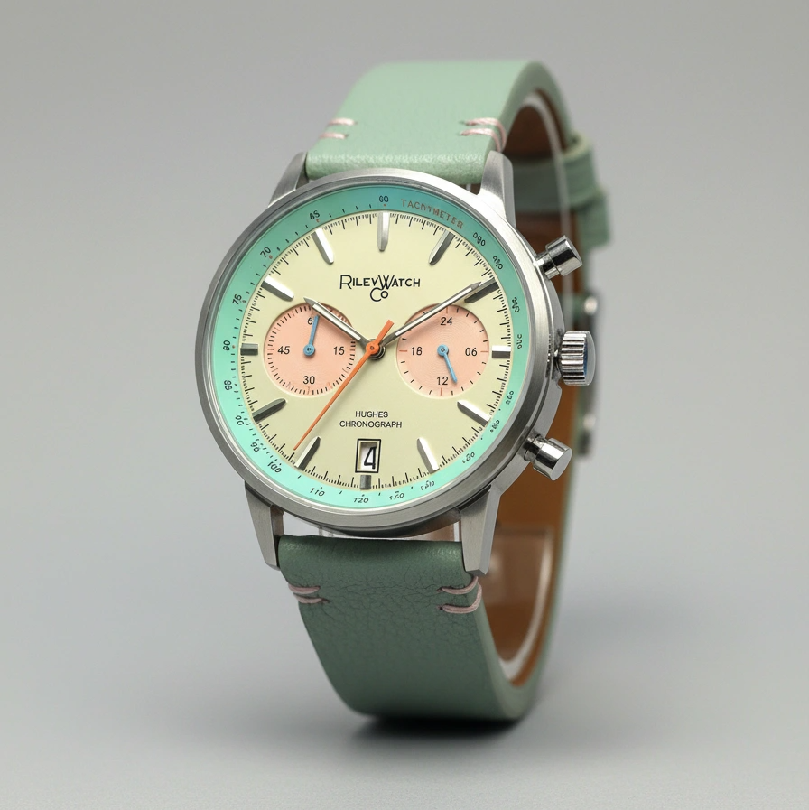 Wristwatch with green strap and beige face on a gray background