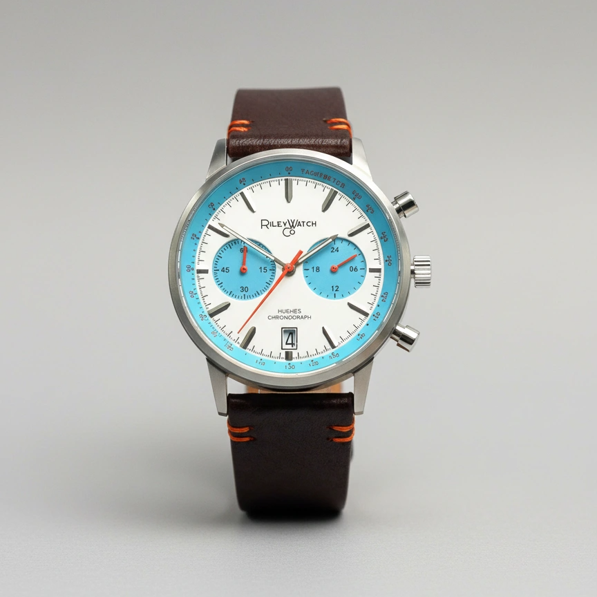 Wristwatch with brown leather strap and blue face on gray background